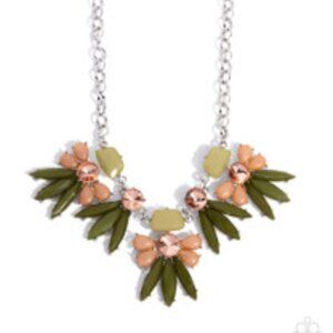 Paparazzi Folklore Flair - Green & Orange Bead Gem Flower Silver Short Necklace